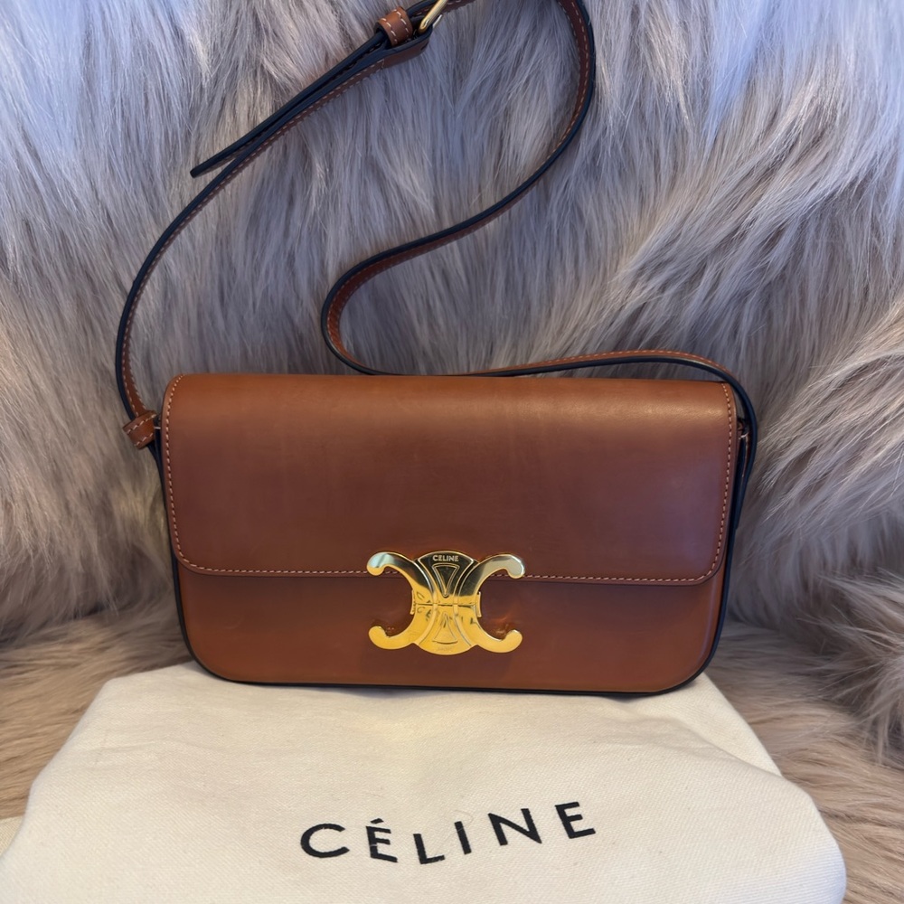 Celine Tan Leather Crossbody Bag with Gold Accent